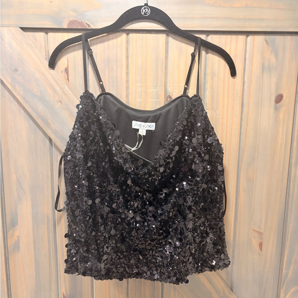 She + Sky Black Sequin Camisole Large NWT